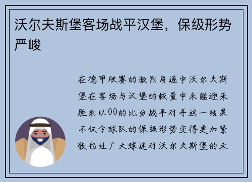 沃尔夫斯堡客场战平汉堡，保级形势严峻